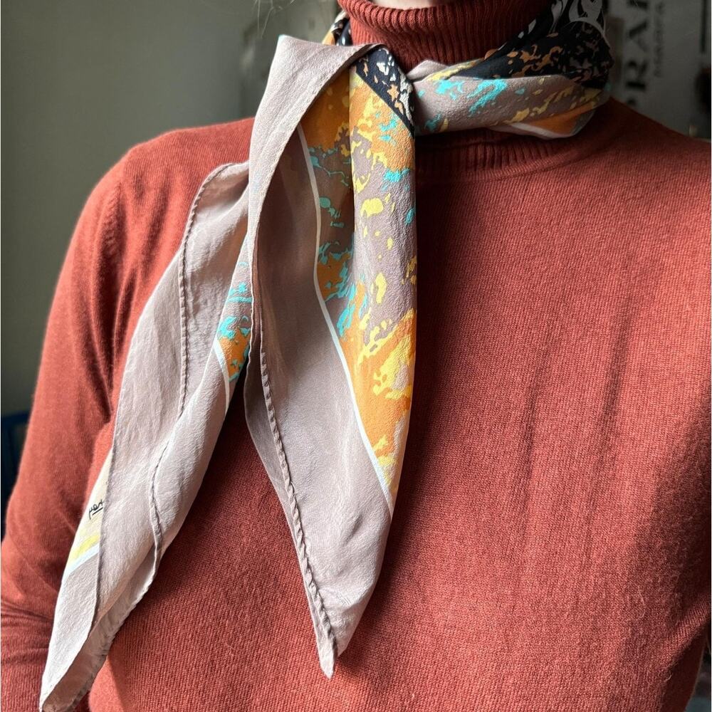 Vintage Silk Scarf | Honey 80s Modernist Print | Hand-Rolled | 32” Square